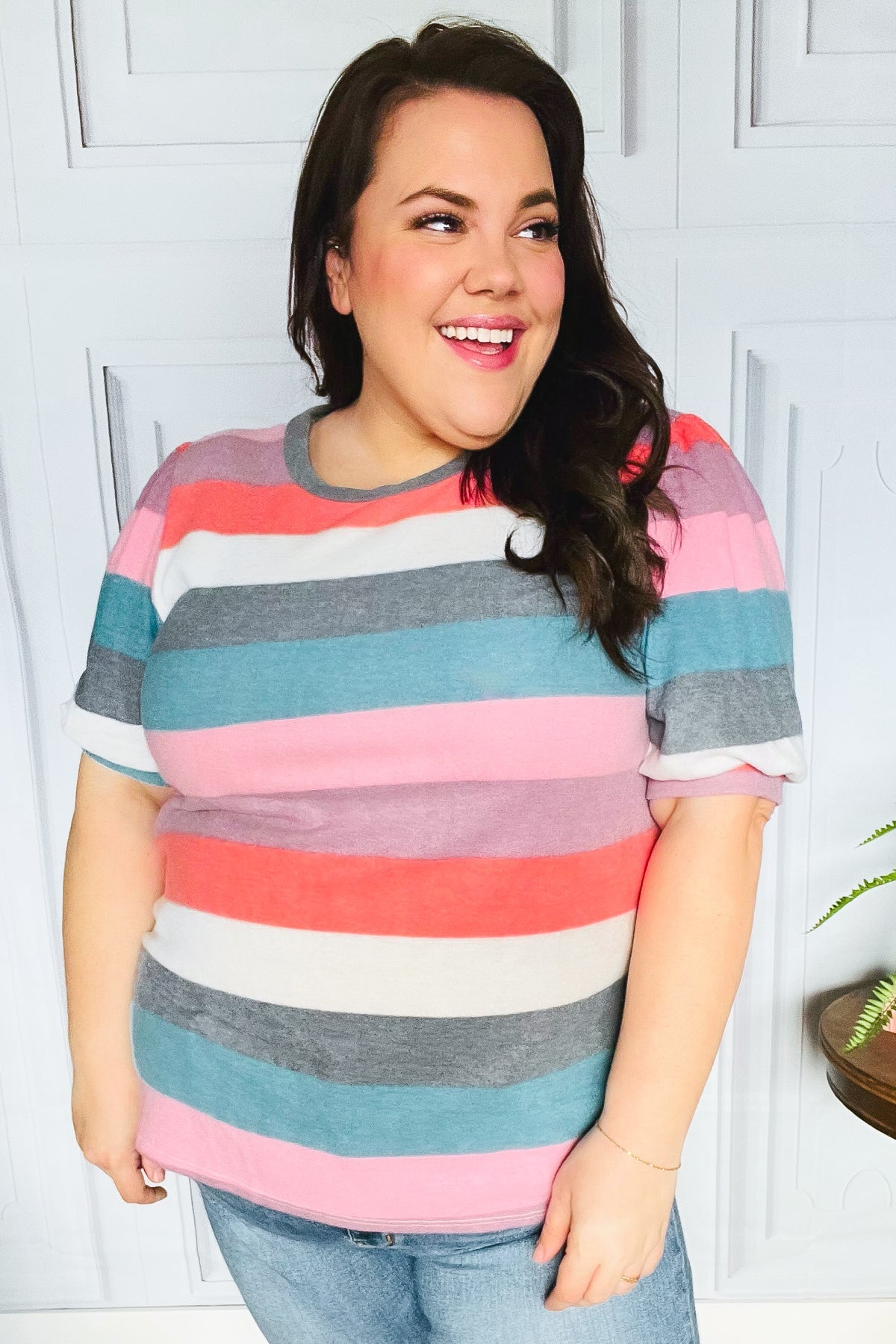 Maxct &Look Out Teal & Rose Striped Hacci Knit Puff Sleeve Top