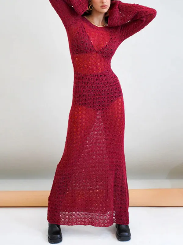 Crochet Hollow Backless Long Sleeve Cover Up Maxi Dress Maxct