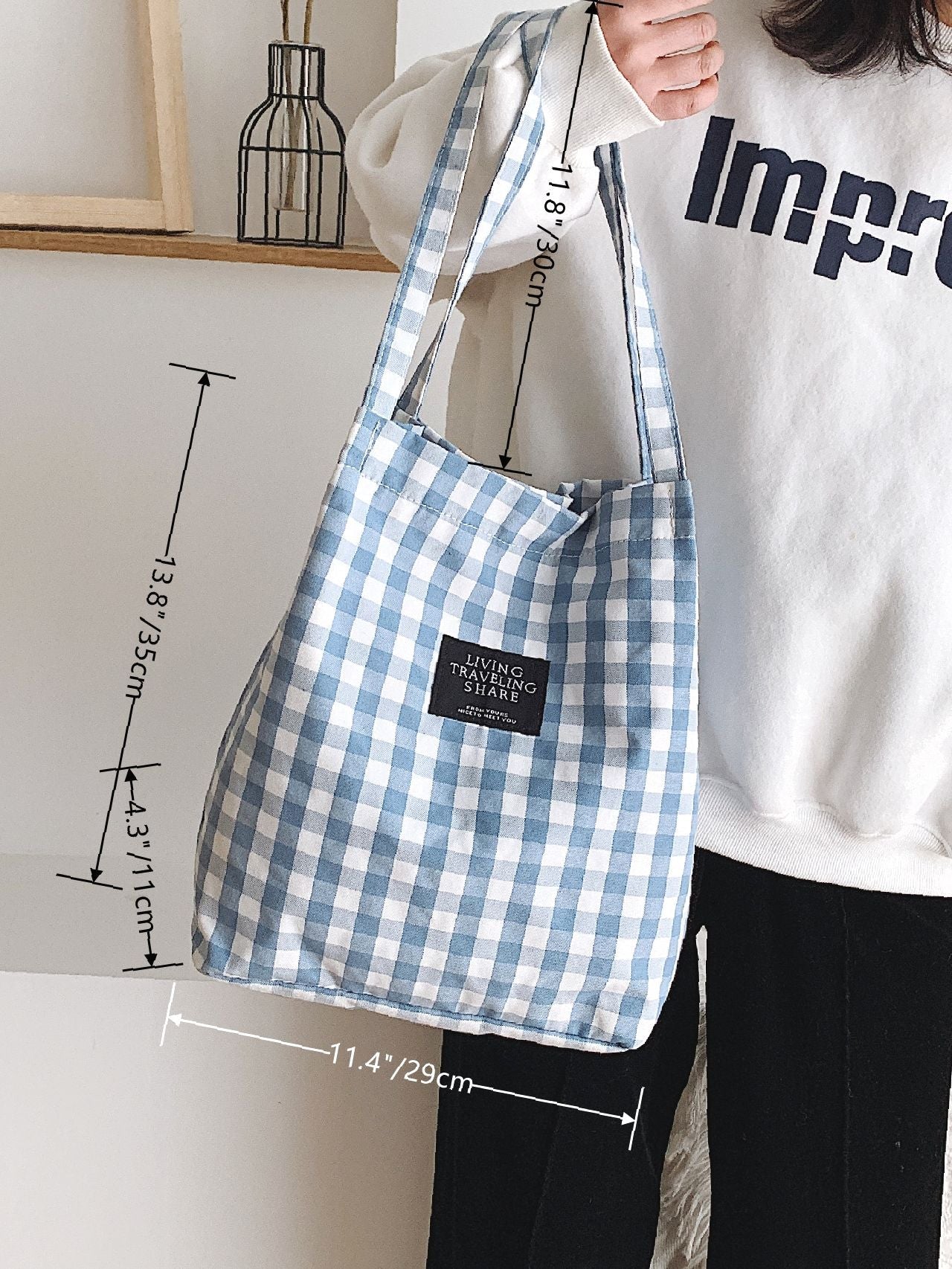 Maxct - Letter Patch Gingham Shopper Bag  - Women Tote Bags