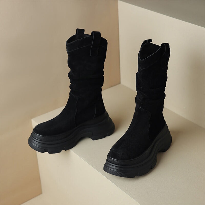 Suede Mid Calf Chunky Western Boots Maxct