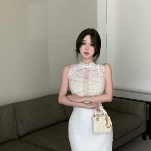 Maxct Spicy Girl Lace Stitching Dress Women Summer White Temperament Waist Sleeveless Wrap Hip Short Dress Fashion Lady Clothes