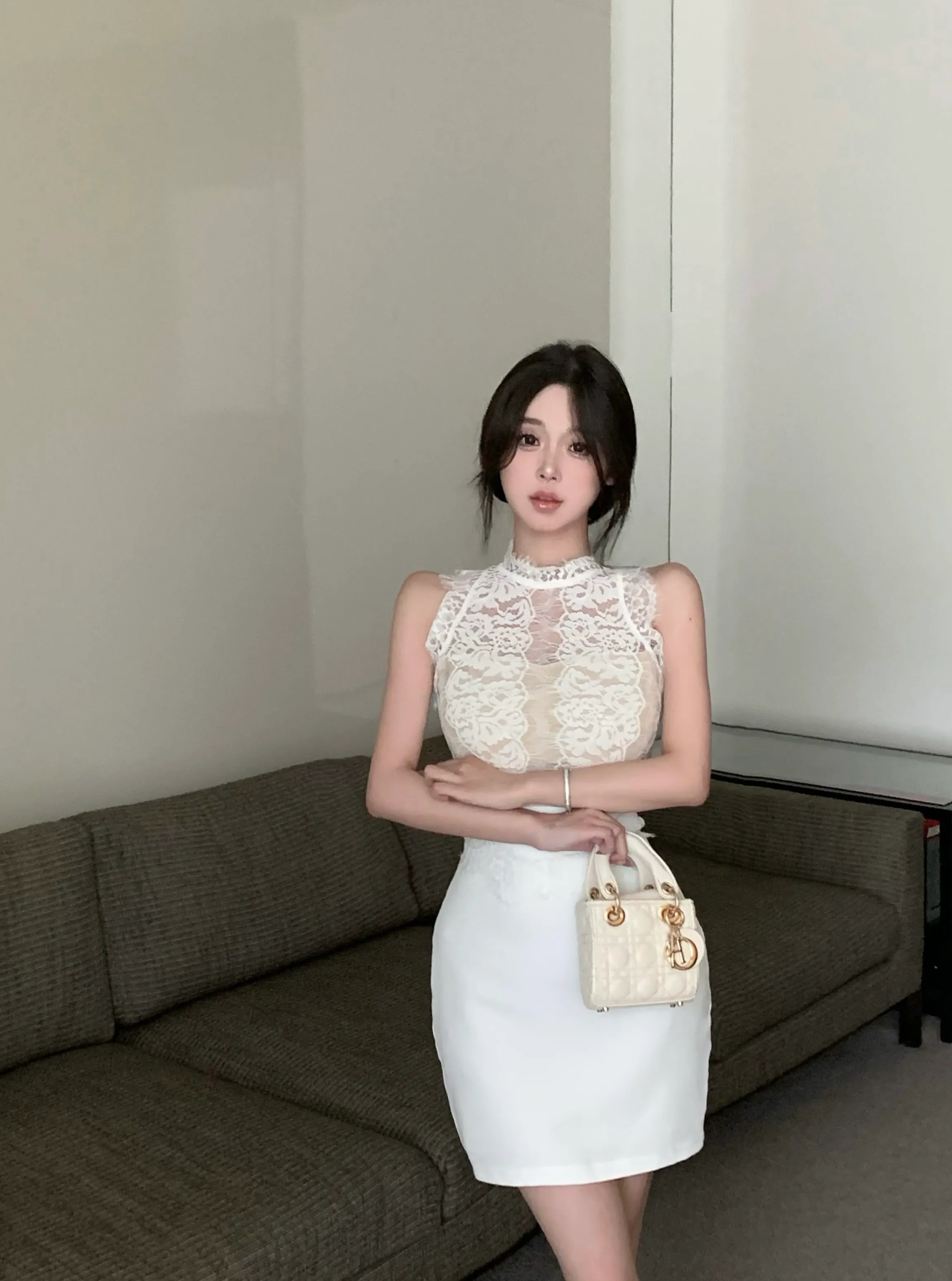 Maxct Spicy Girl Lace Stitching Dress Women Summer White Temperament Waist Sleeveless Wrap Hip Short Dress Fashion Lady Clothes