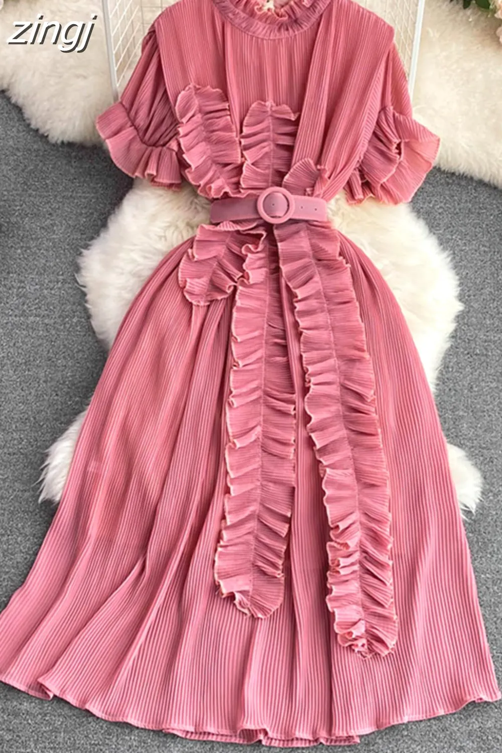 Maxct Women Pleated Midi Dress Purple/Red/White Stand Collar Short Flare Sleeve High Waist A-Line Ruffle Party Vestidos Female