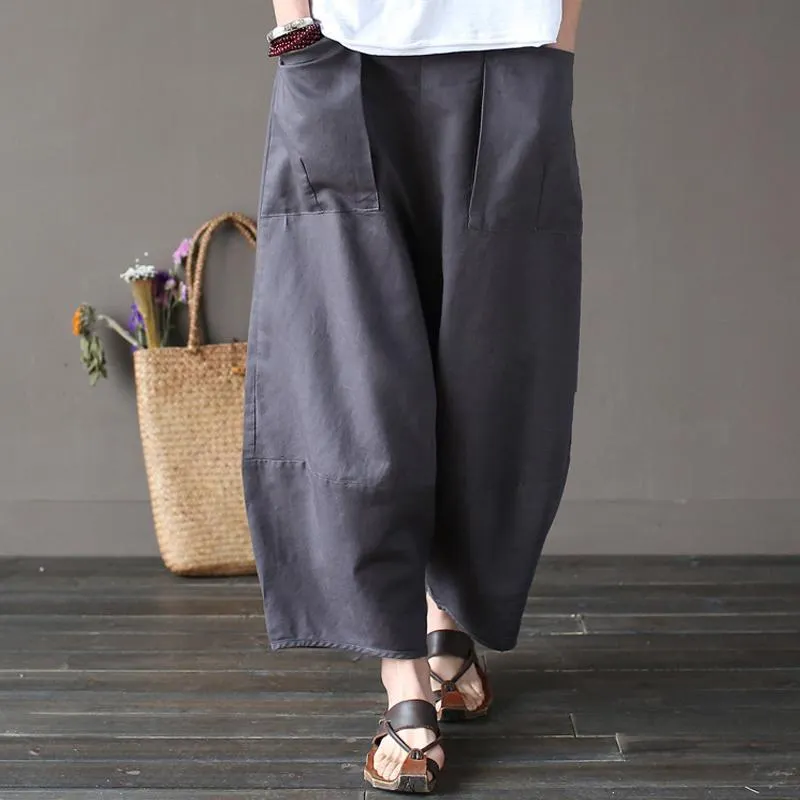 Cotton Linen Elastic Waist Pants With Pockets