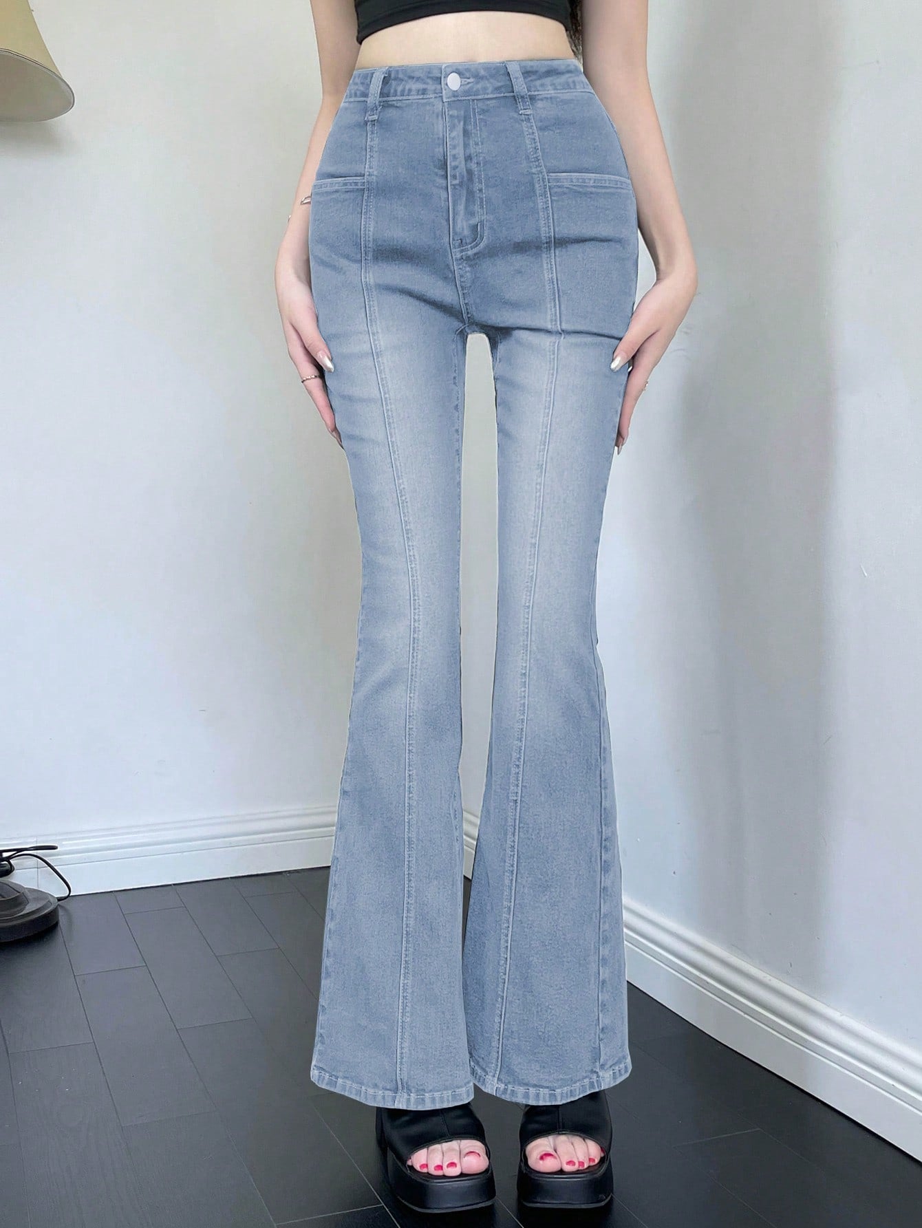 Maxct Solid Color Flared Denim Pants With Pockets, Casual