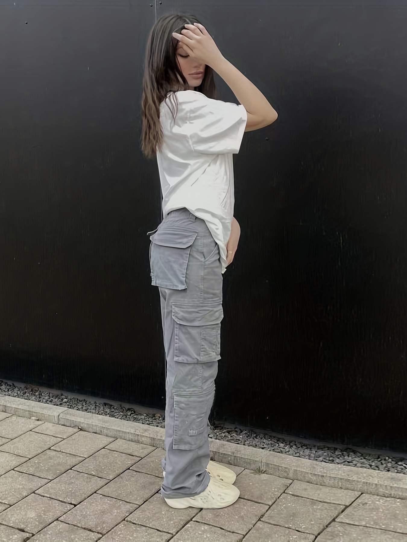 Plain High Rise Cargo Denim Pants, Loose Solid Color Retro Cargo Jeans, Street Casual Style, Women's Denim Jeans & Clothing