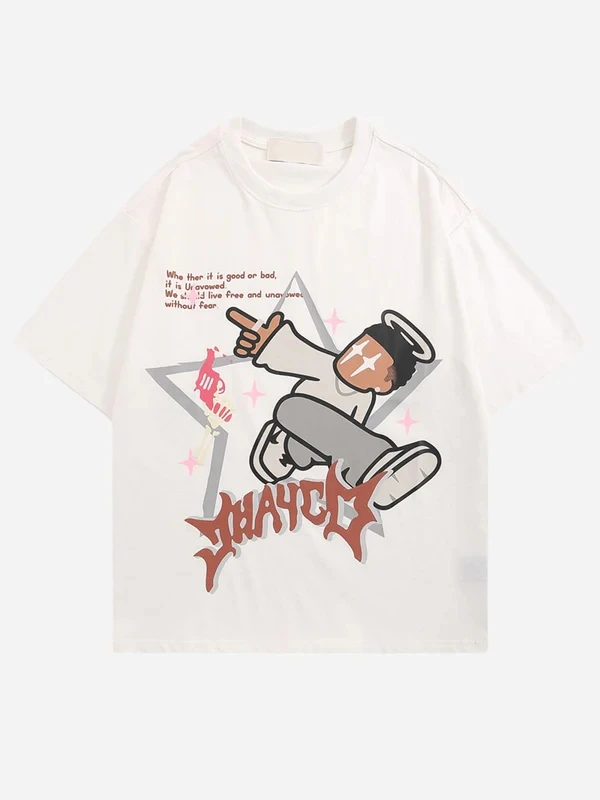 Maxct Y2K Hip Hop Letter Printed T Shirt Cartoon Printed Oversized Tops New Harajuku Fashion Casual All Match Loose Tops Streetwear