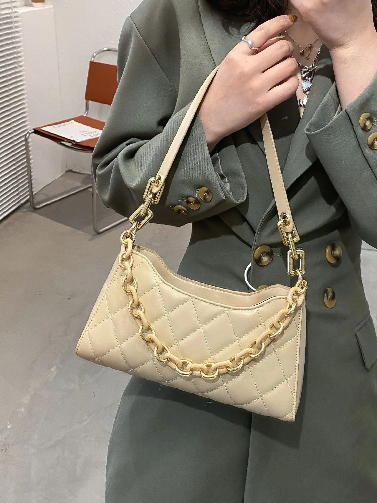 Bag For Love - Minimalist Quilted Chain Baguette Bag  - Women Maxct Bags