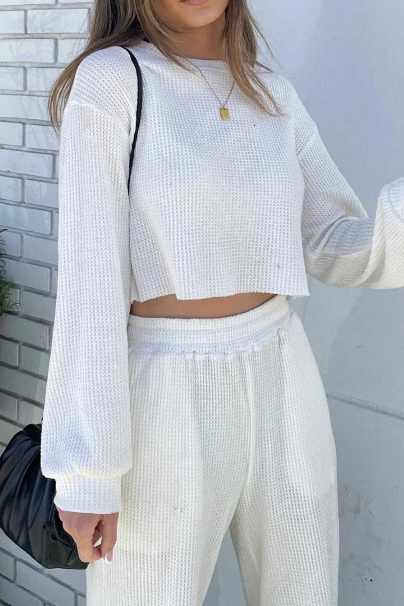 Maxct Waffle Solid Sweatshirt Long Pants Set