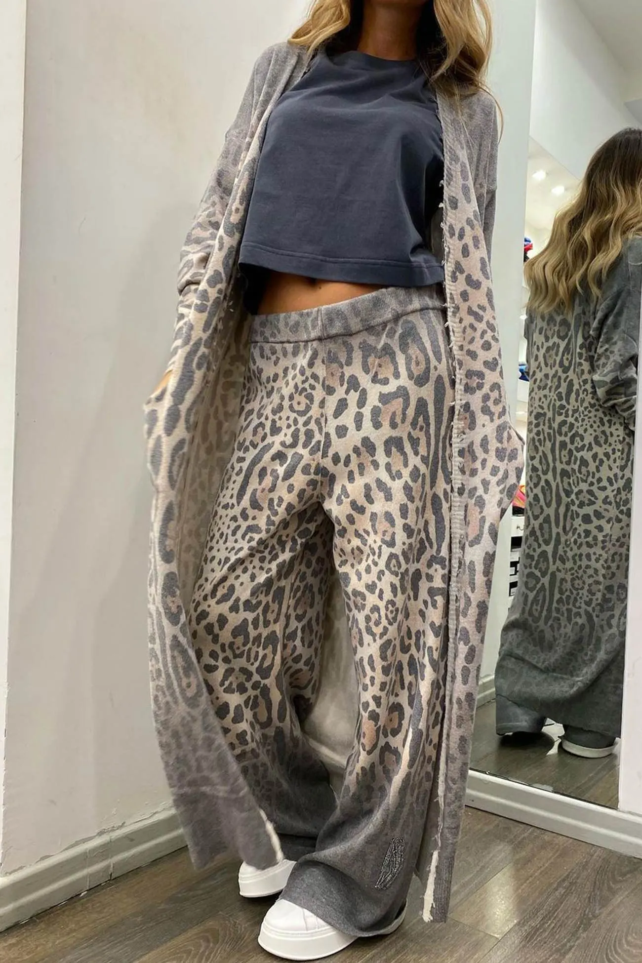Maxct Leopard Print Long Cardigan Two-piece Pants Suits