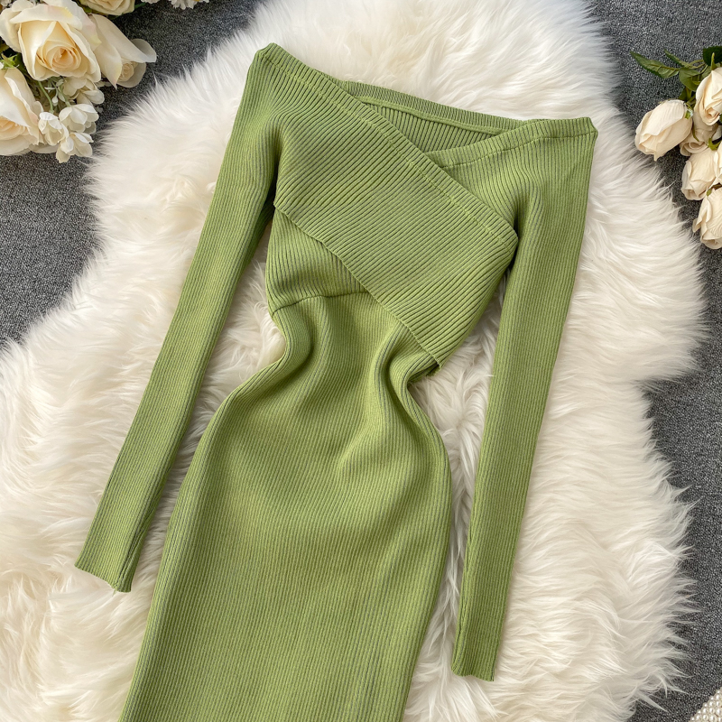 Maxct Slash Neck Knitted Dress Women Sexy Off Shoulder Cross Elastic Warm Dress Autumn Winter Fashion Sweater Bodycon Dress