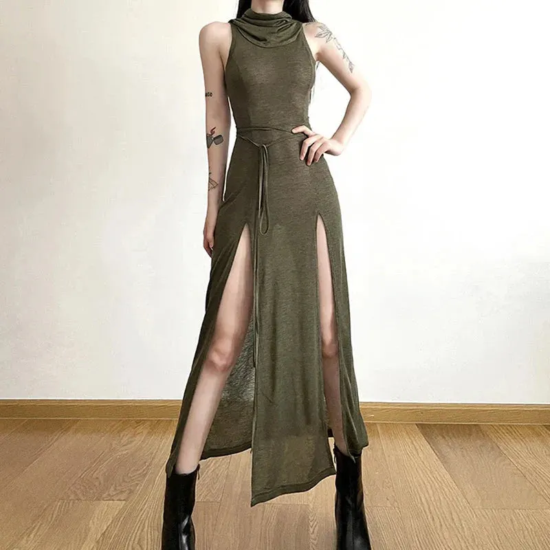 Wasteland Punk Dress y2k Solid Color Sleeveless Hollow Out Back Side Slit Hooded Dress 2000s Grunge Party Dresses Maxct