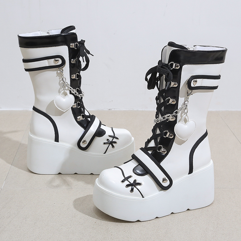 Platform Wedge Women's Boots Black and White Punk Gothic Style - true deals club