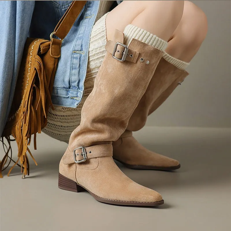 Womens Suede Knee High Boots with Buckles Maxct