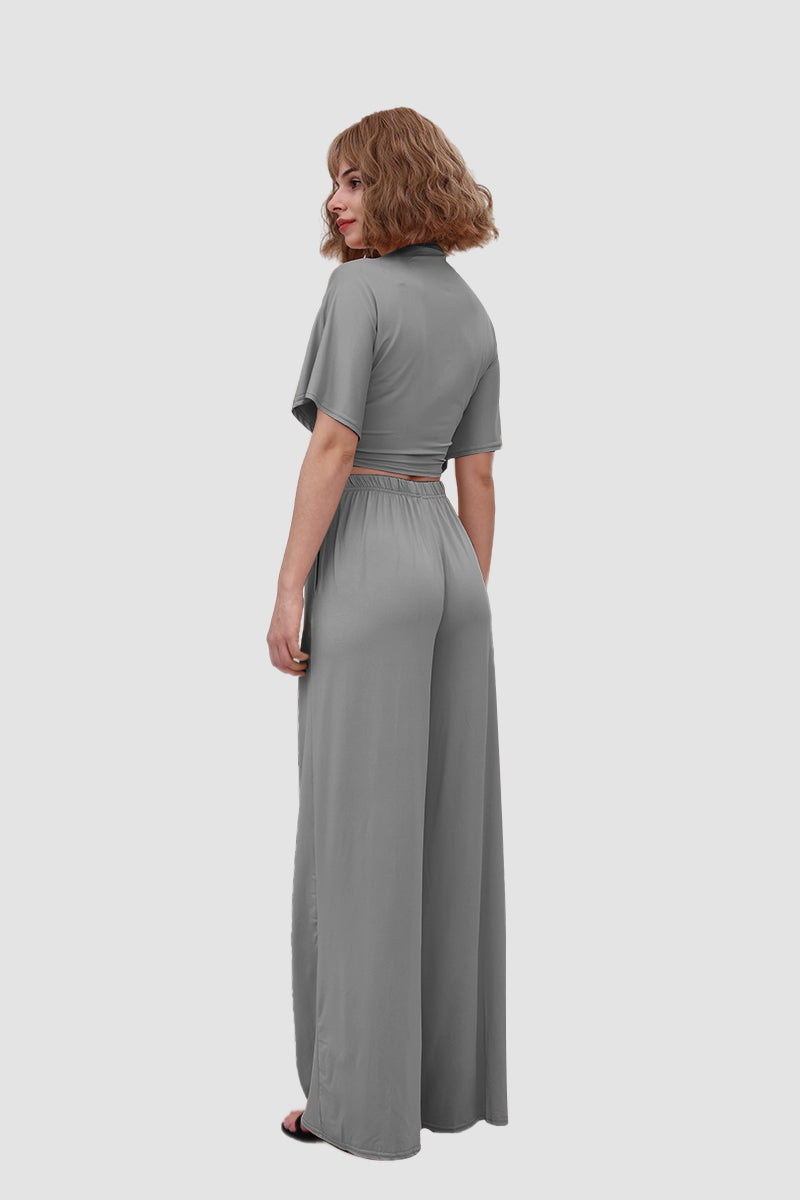 Maxct Deep V-neck Top & Elastic Wide Leg Pants