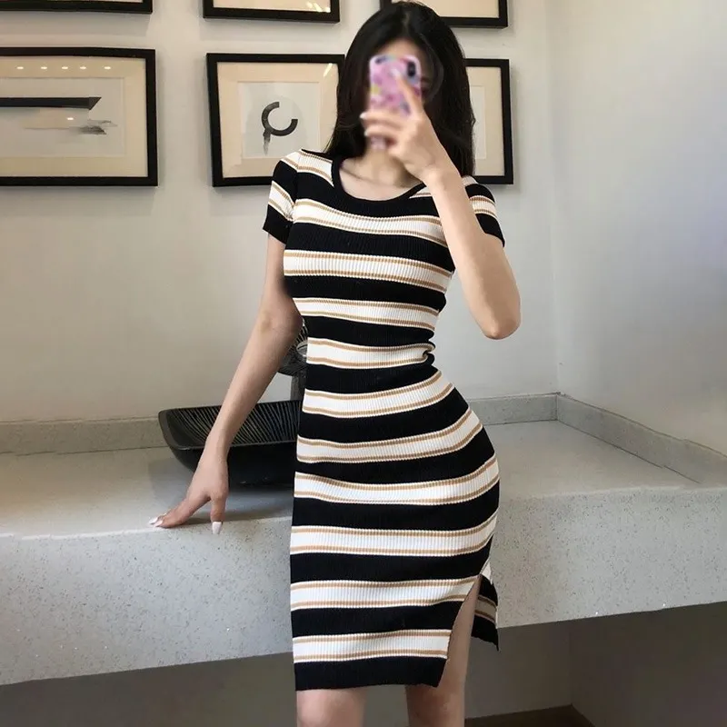 Maxct Women Elegant Maxi Strip Knit DressesA Line Casual Clothes Pullover Midi Robe Short Sleeve High Waist Ribbed Sexy Vestidos