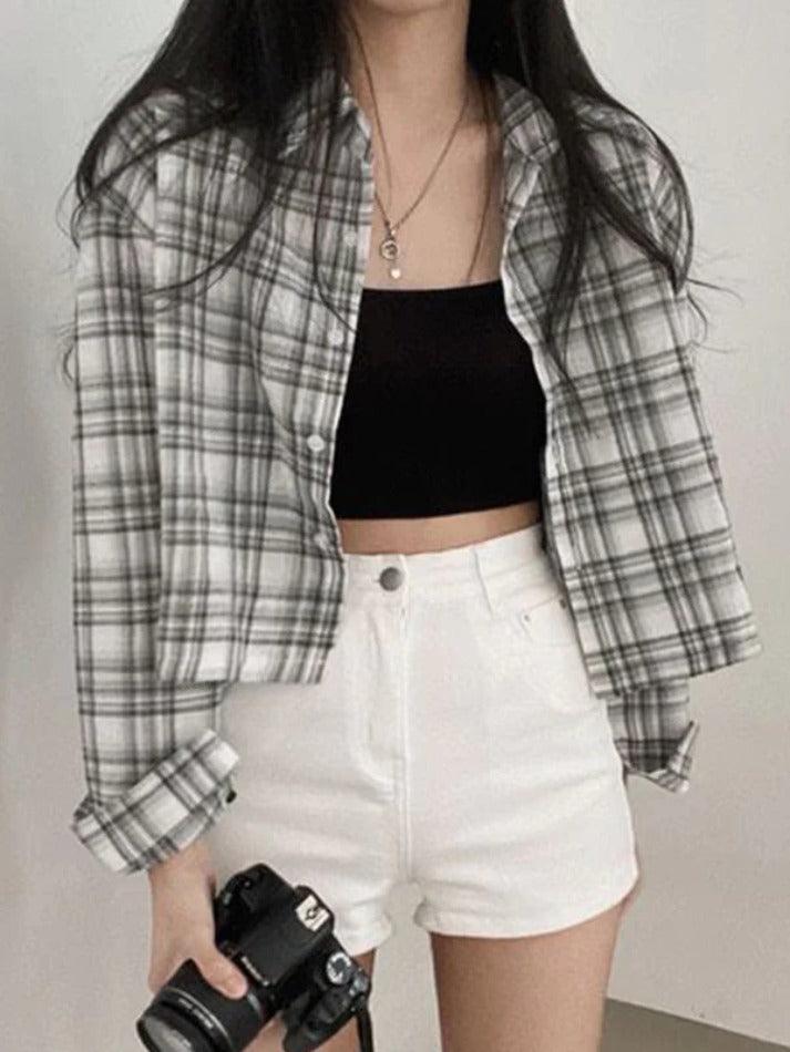 Maxct Vintage Plaid Short Loose Long Sleeve Blouse