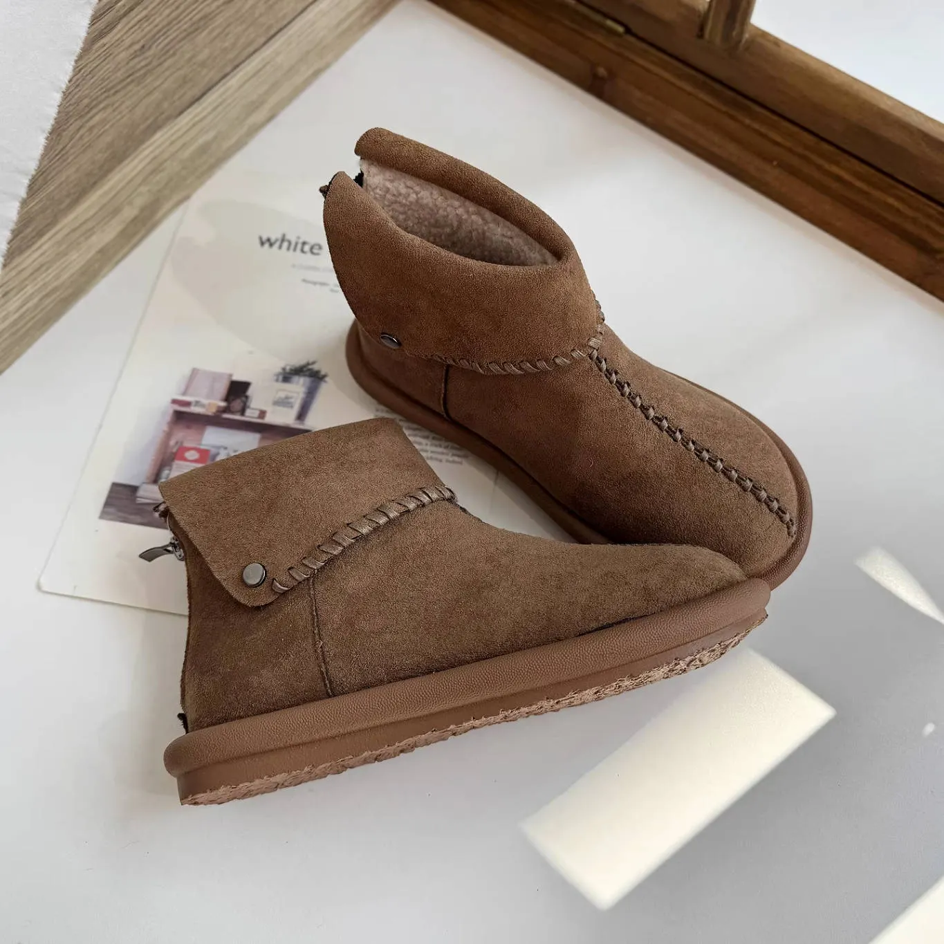 Winter Warm Leather Sueded Cuff Soft Sole Fleece-Lined Ankle Boots