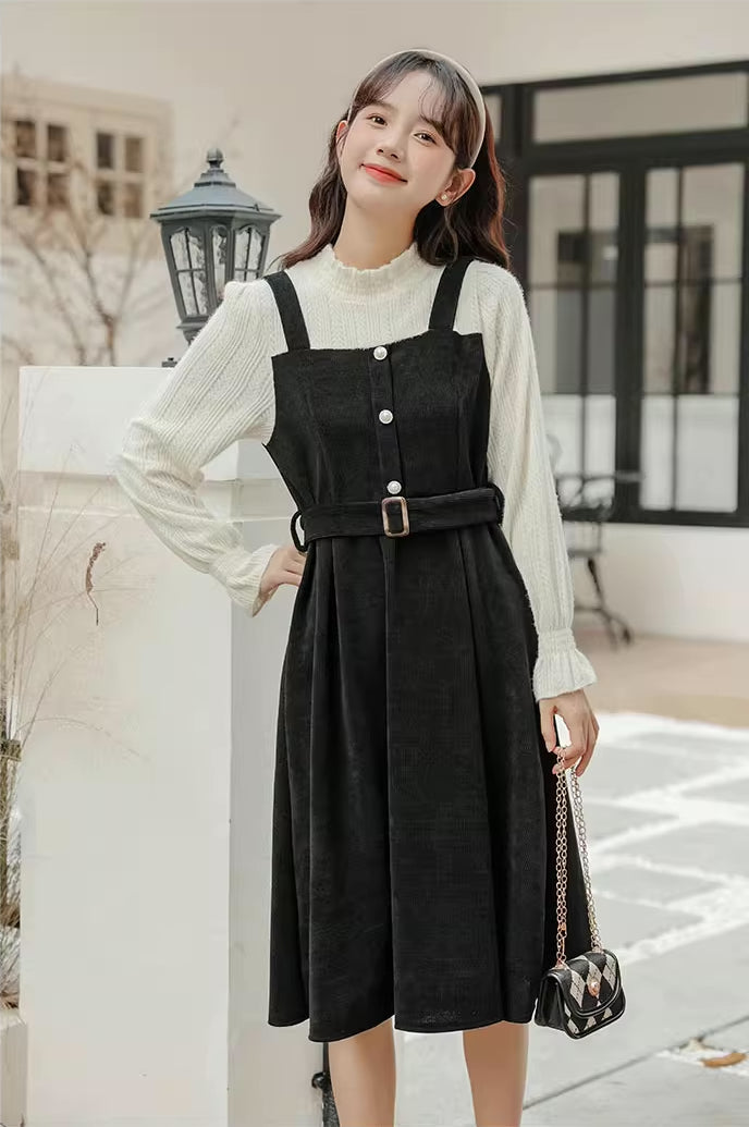 Corduroy Knit Belted Twofer Midi Dress Maxct
