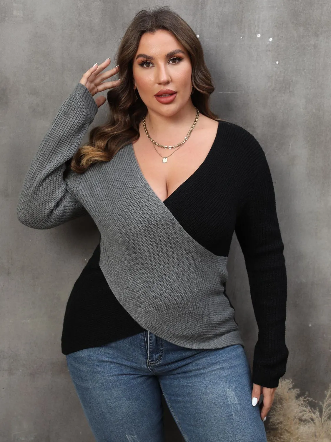 Maxct &Plus Size Two-Tone Surplice Neck Sweater