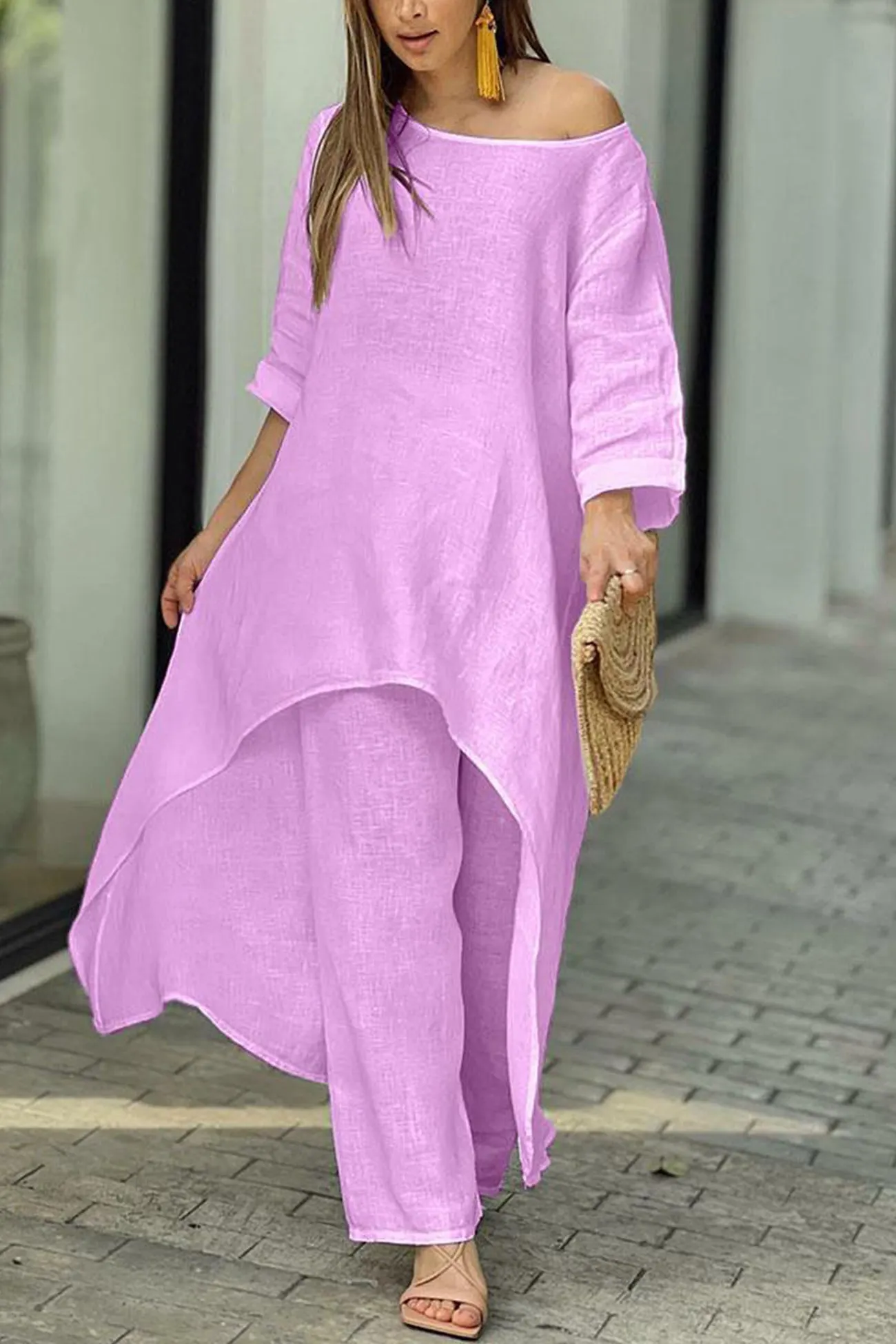 Maxct Cotton Drop Shoulder Irregular Tops Pants Set