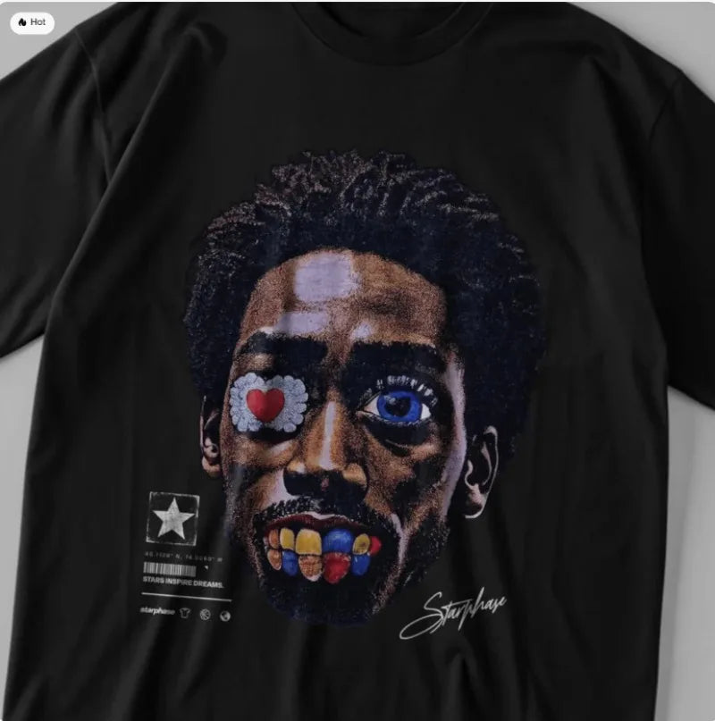 Maxct Summer New Gothic Big Head Pattern Printed Oversized T-shirt Men's Y2K Streetwear Hip Hop Loose Harajuku Round Neck Shirt