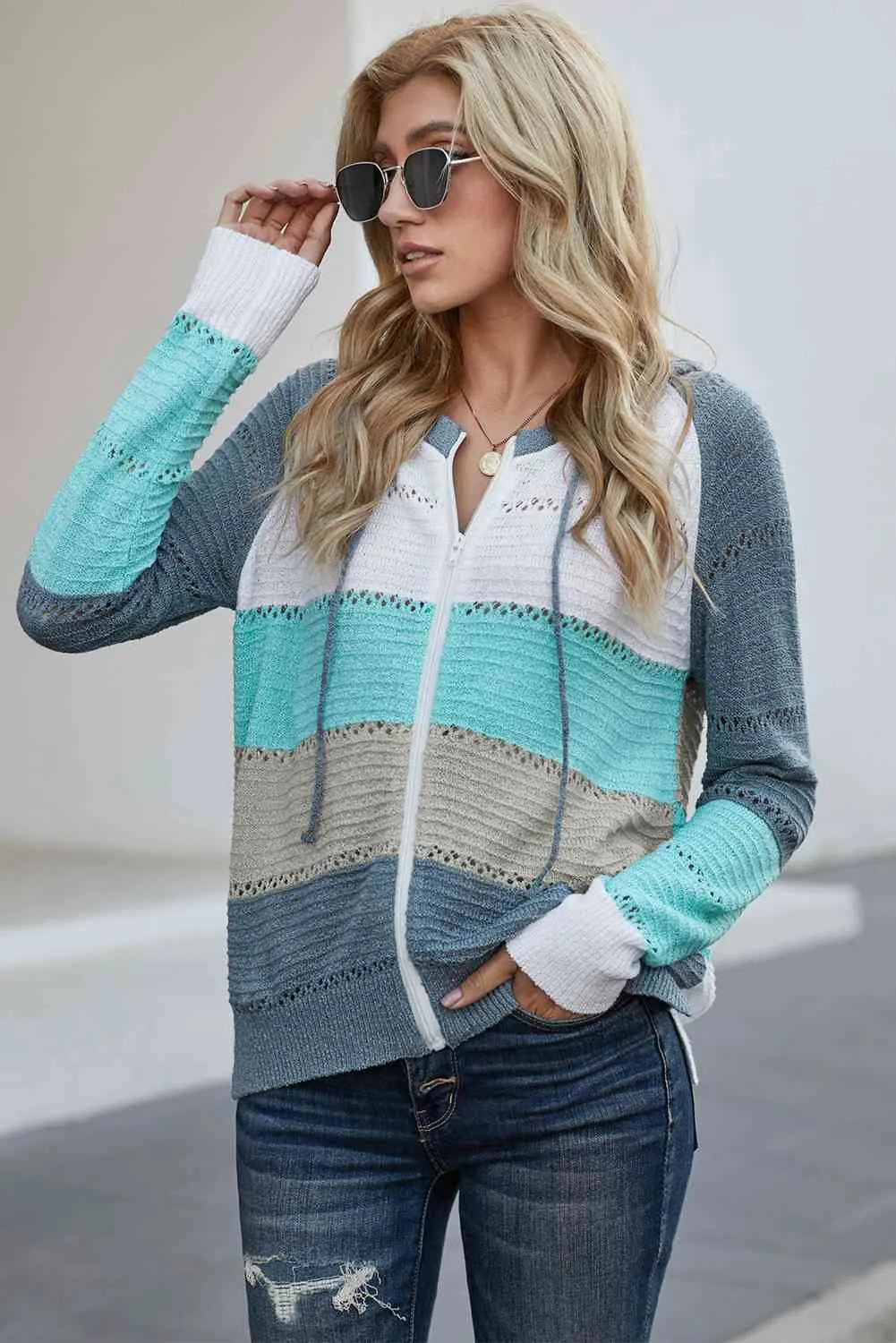 Maxct &Zip-Up Raglan Sleeve Openwork Hooded Cardigan - Image 16