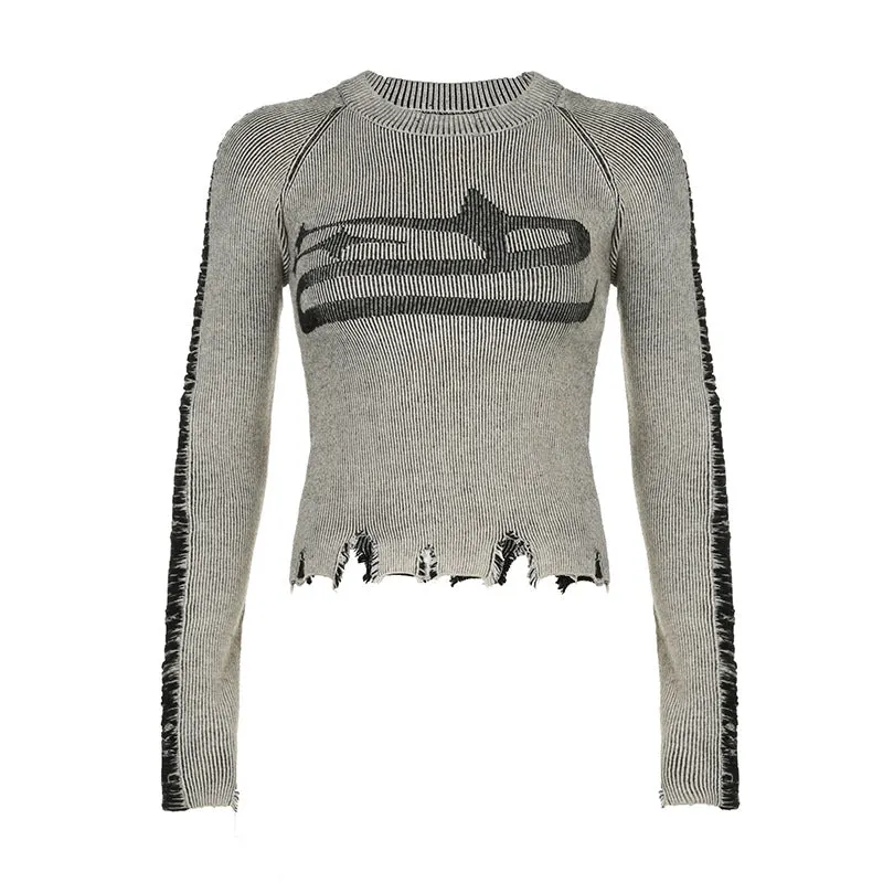 Maxct 2024 Fall Fashion Street Tattered Splice Frayed Hem Sweater
