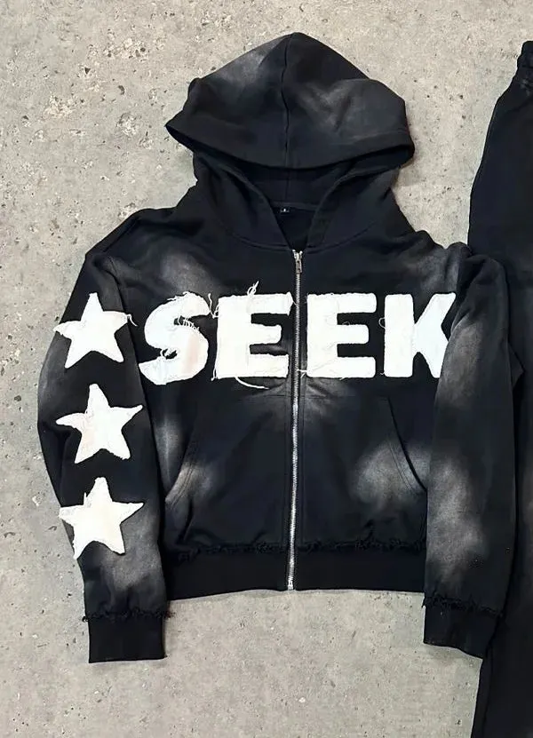 Maxct y2k long sleeved pullover hoodie pant set sweatshirt jacket personalized printed pattern streetwear school outfit hip-hop punk
