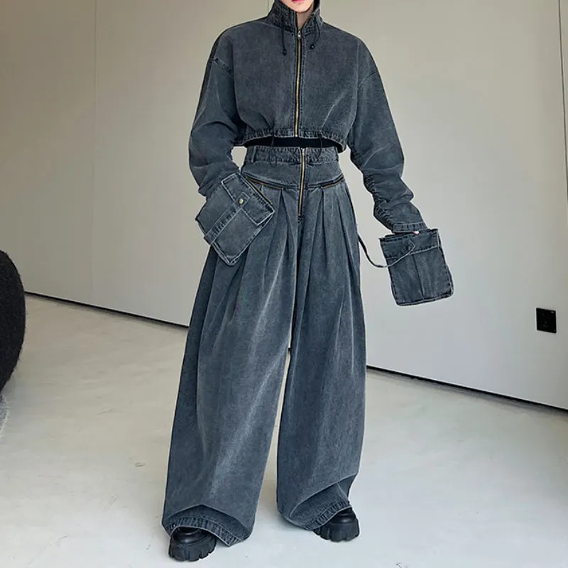 Maxct Loose Oversized Cropped Jacket Denim Set