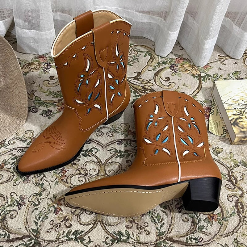 Womens Western Boots Block Heel Cut-Out Cowboy Boots All Genuine Leather Maxct