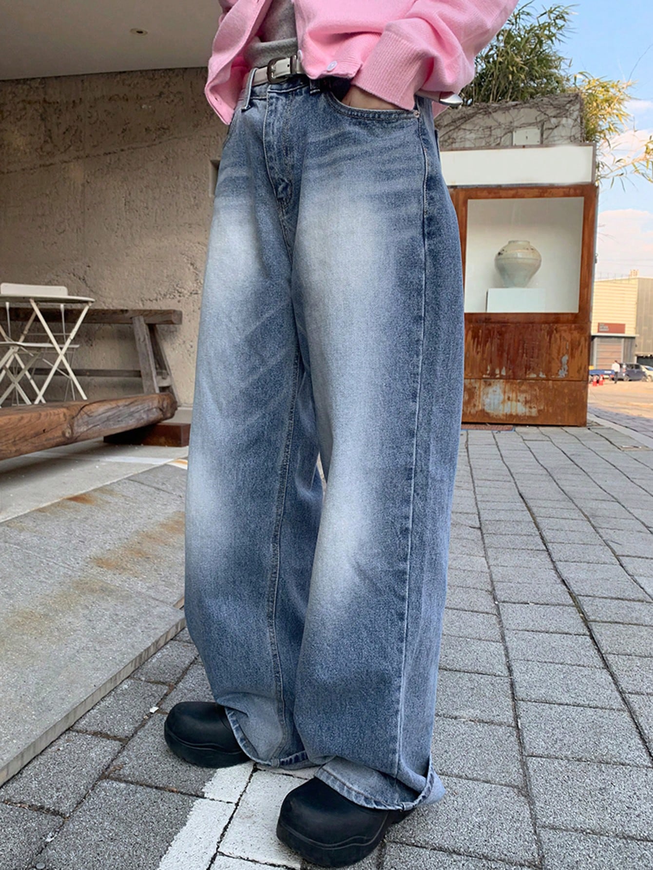 Maxct Women's Loose White Washed Long Denim Wide-Leg Pants