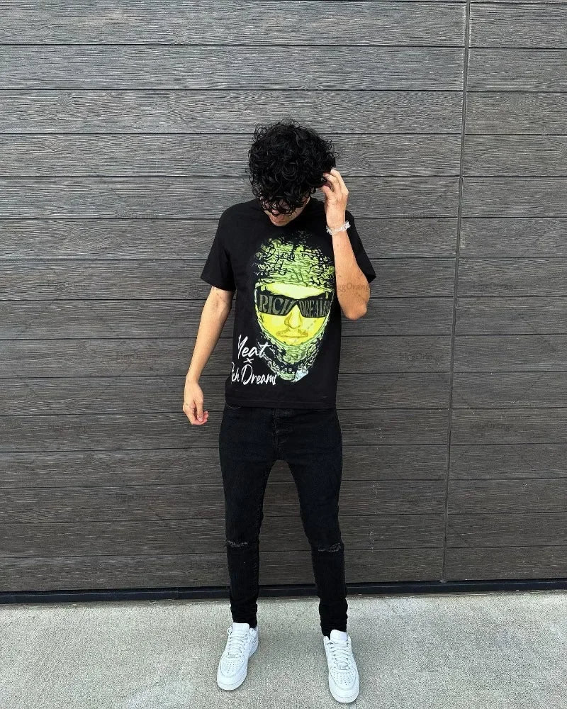 Maxct Y2k Retro Hip-hop Trendy Brand Oversized Short-sleeved Women Gothic Punk Style Printed T-shirt Men's Street Versatile Tops Men