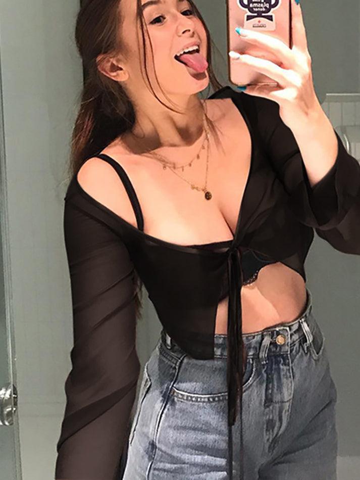 Maxct Tie Front Cropped Mesh Long Sleeve Blouse