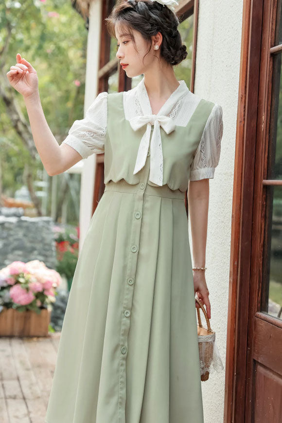 Button Up Tie Neck Twofer Midi Dress Maxct