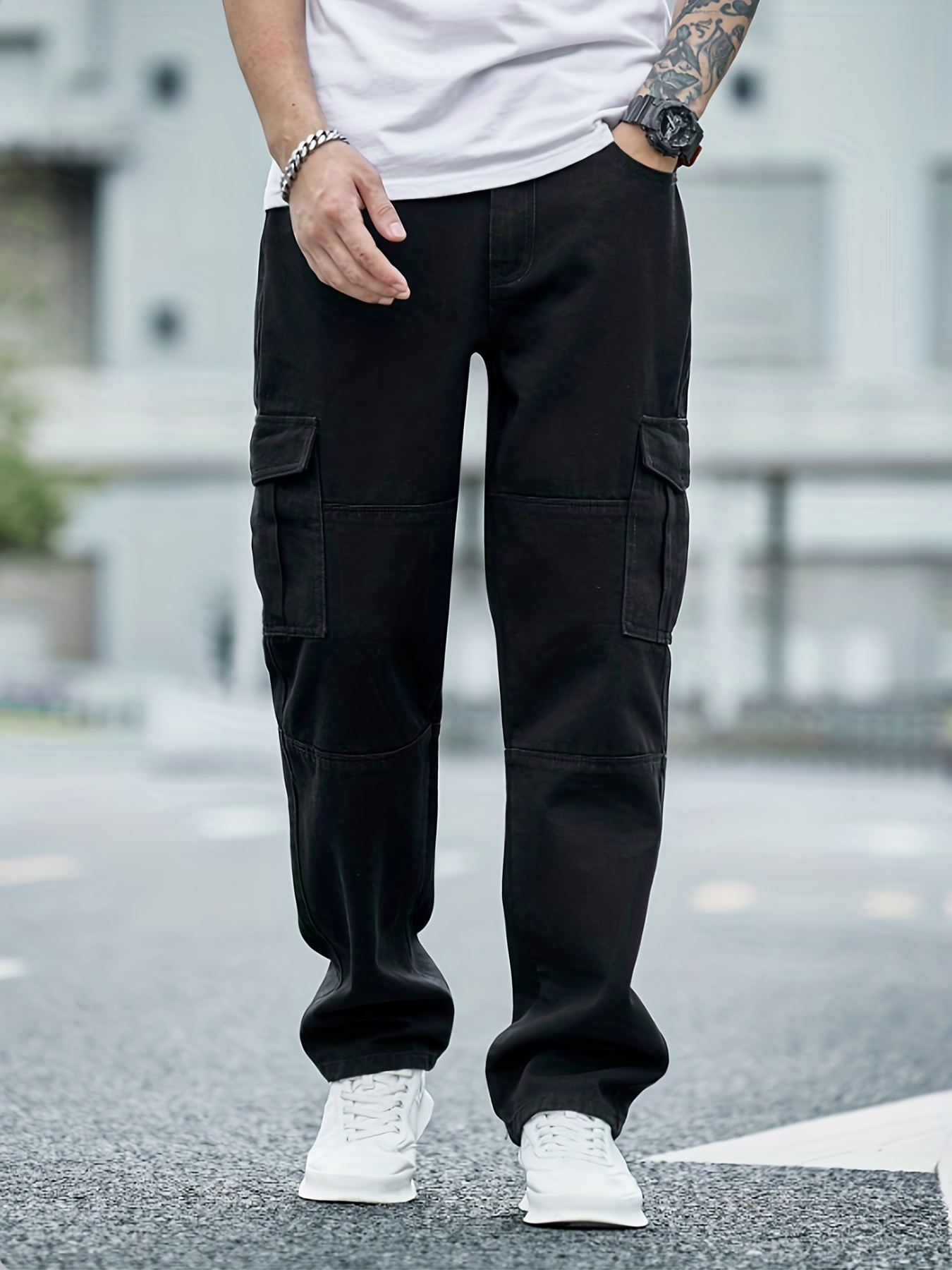 Loose Fit Flap Pocket Jeans, Men's Casual Street Style Denim Pants For All Seasons