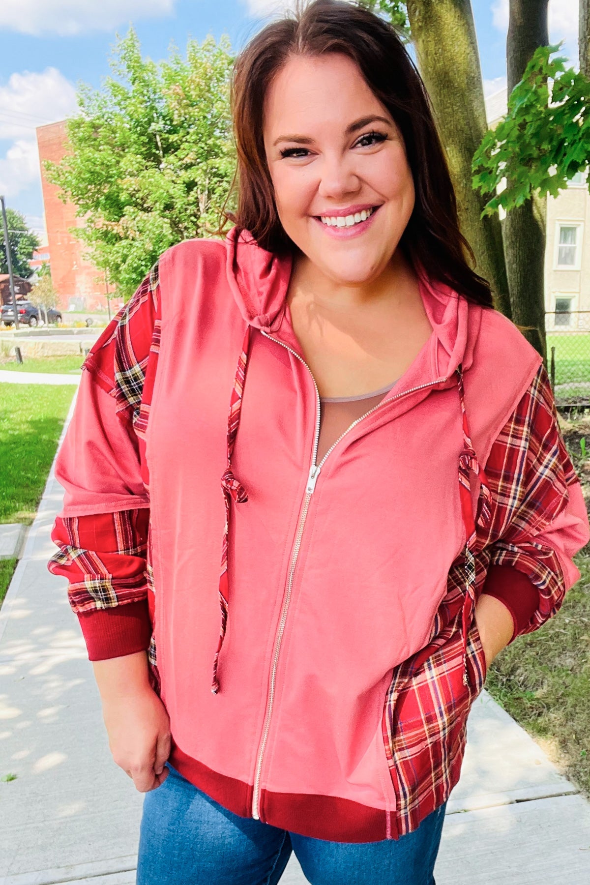 Maxct &Adorable in Marsala Plaid Color Block Zipper French Terry Hoodie