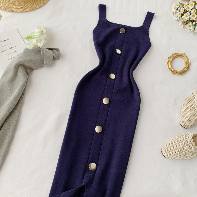 Summer Pink/Red/White/Black Women Knitted Dress Vintage High Waist Button Single-breasted Slim Casual Dress For Female New