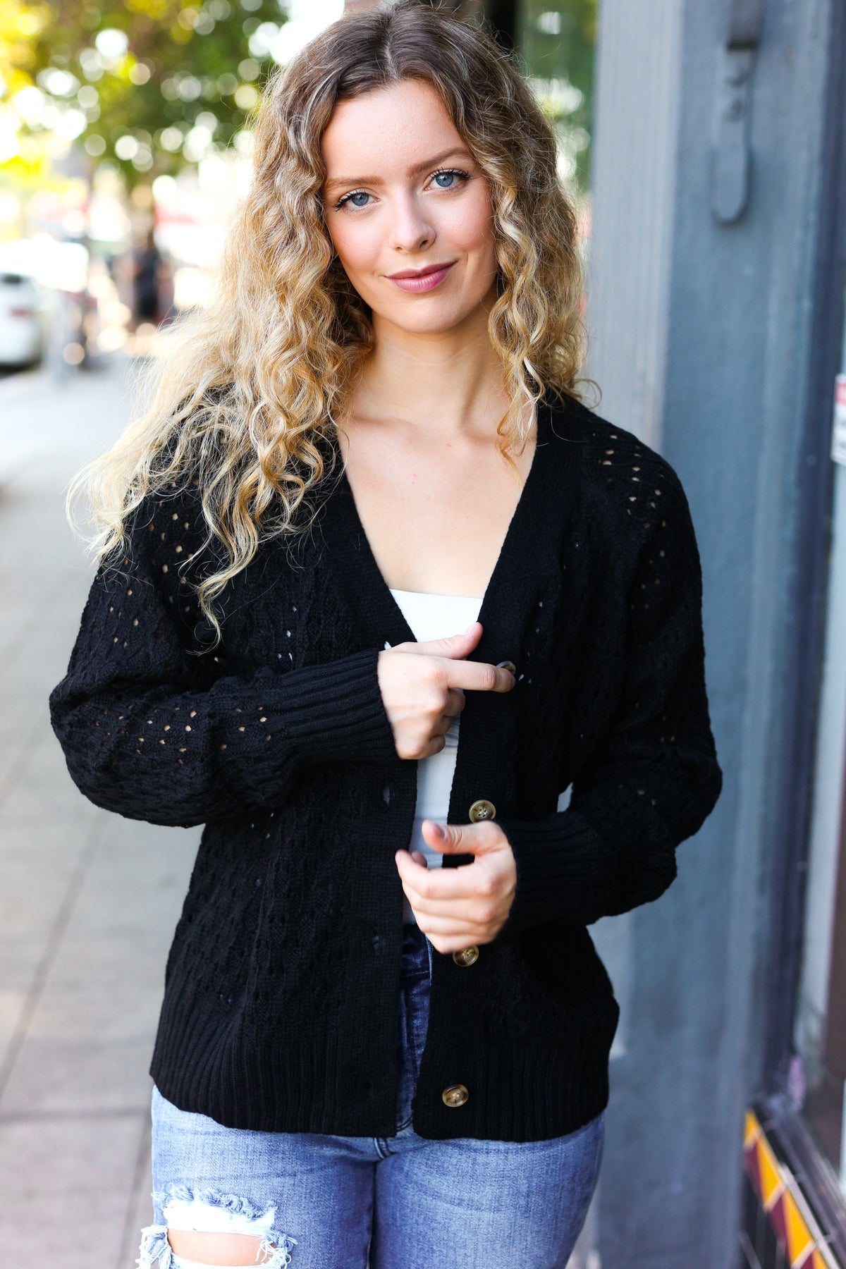 Maxct &Follow Me Black Pointelle Knit Button Down Cardigan