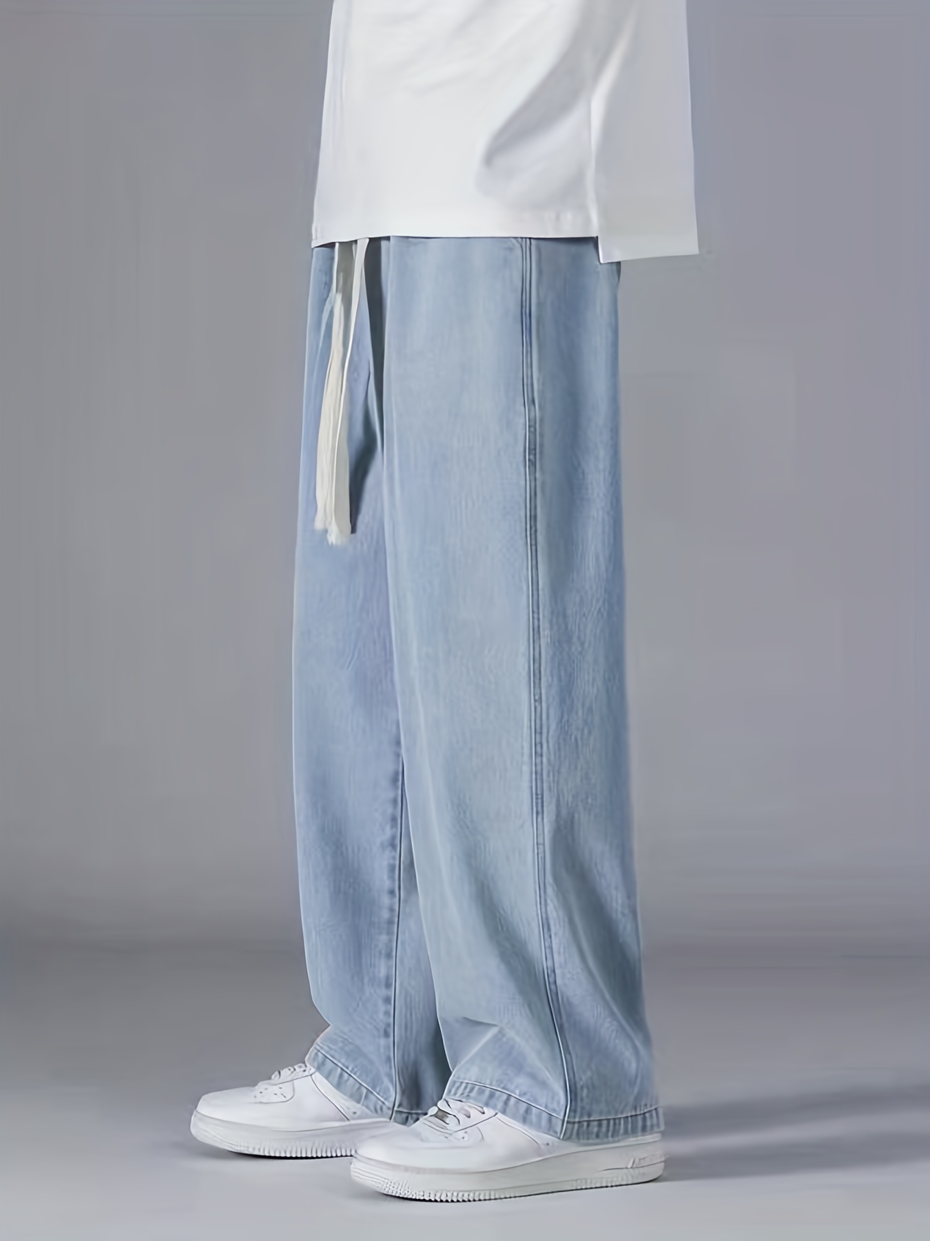 Wide Leg Cotton Jeans, Men's Casual Street Style Loose Fit Denim Pants For Spring Summer