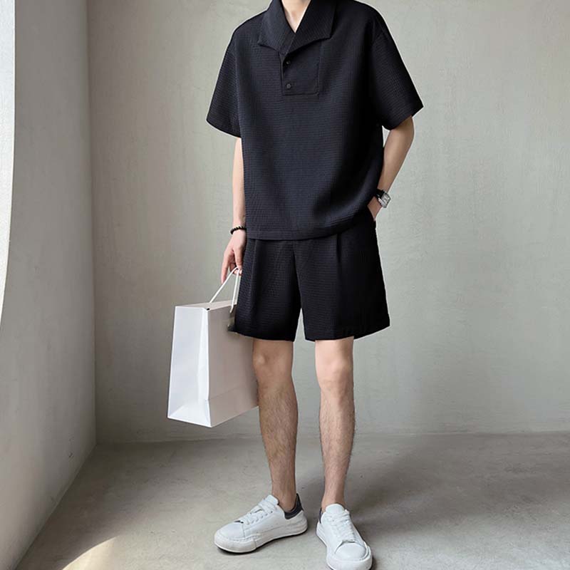 Maxct Waffle Lapel Polo Shirt Shorts Set