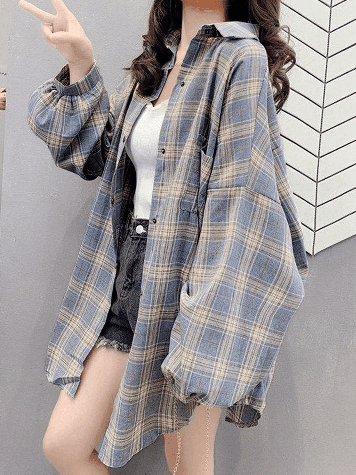 Maxct Checkered Baggy Long Sleeve Button Blouse