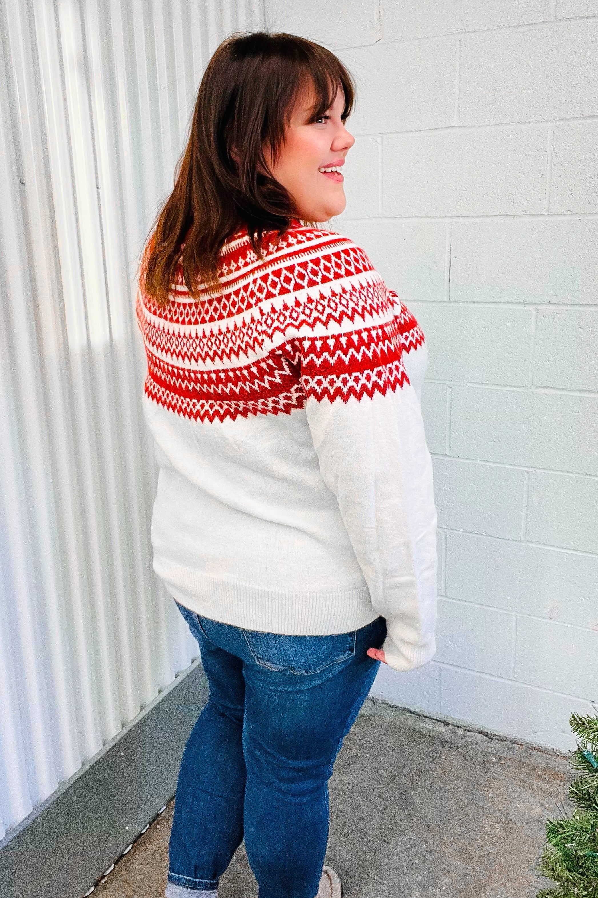 Maxct &Feeling Festive Ivory & Red Fair Isle Mock Neck Sweater