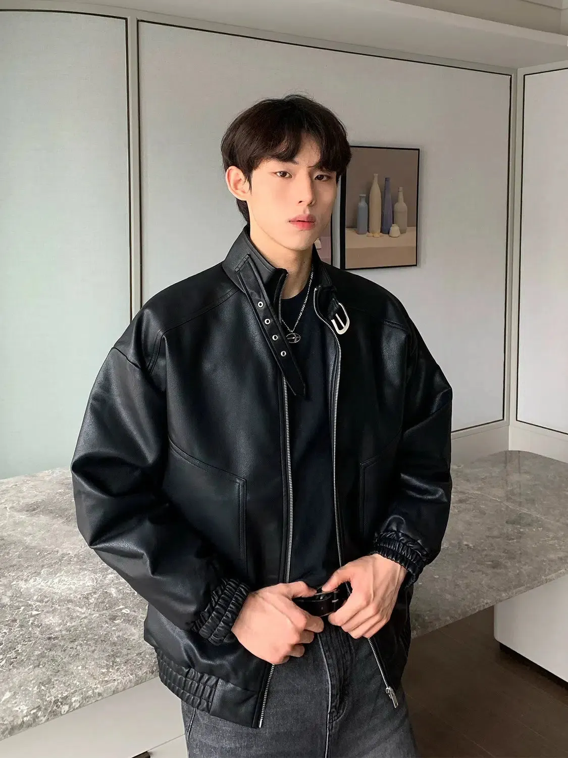 Maxct Buckle Stand Collar Motorcycle Leather Jacket