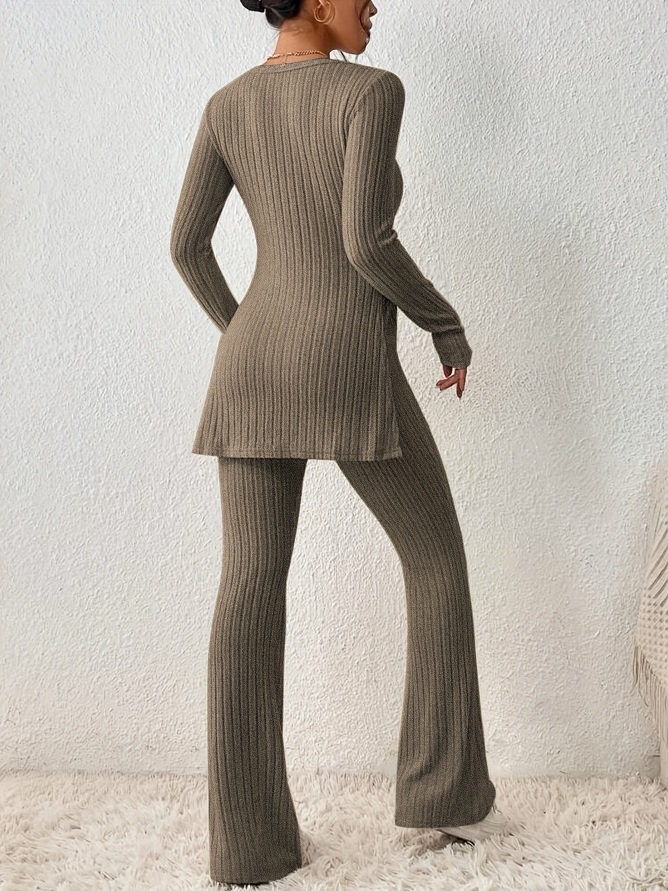 Solid Textured Two-piece Set, Long Sleeve Slit Long Length Top & Skinny Pants Outfits, Women's Clothing
