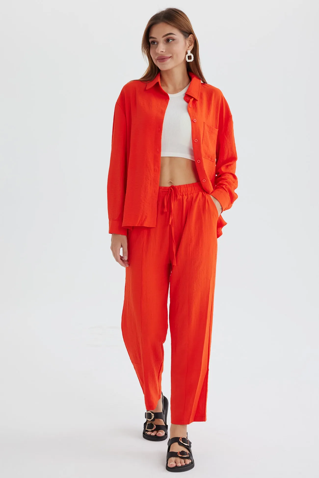 Maxct Long Sleeve Solid Color Shirt Long Pants Set - Image 4