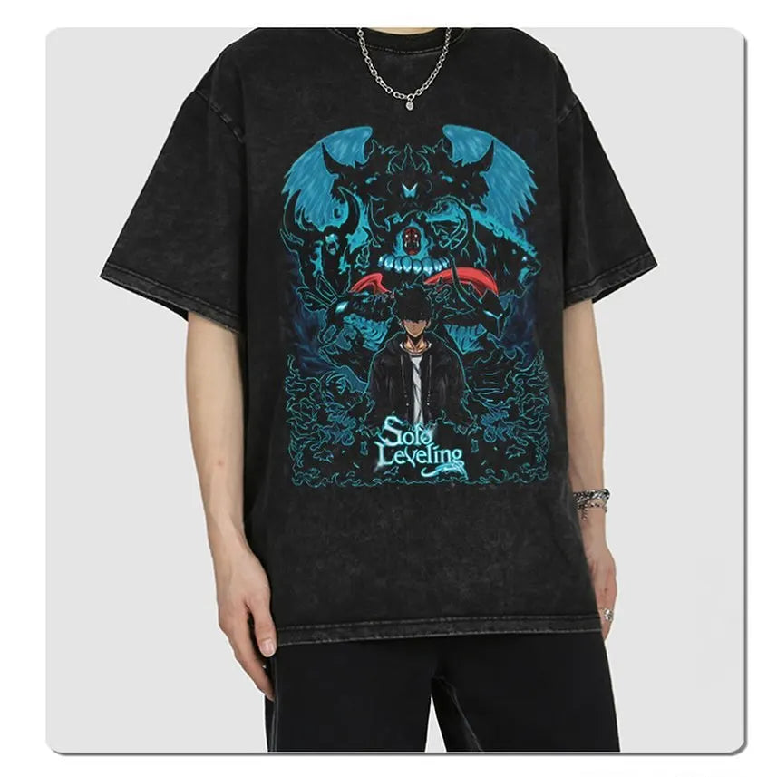 Maxct 90s Streetwear Solo Leveling Anime T Shirt Men Harajuku Printed Pattern Men Clothing Streetwear Oversized Tops Graphic Cotton Short Sleeve