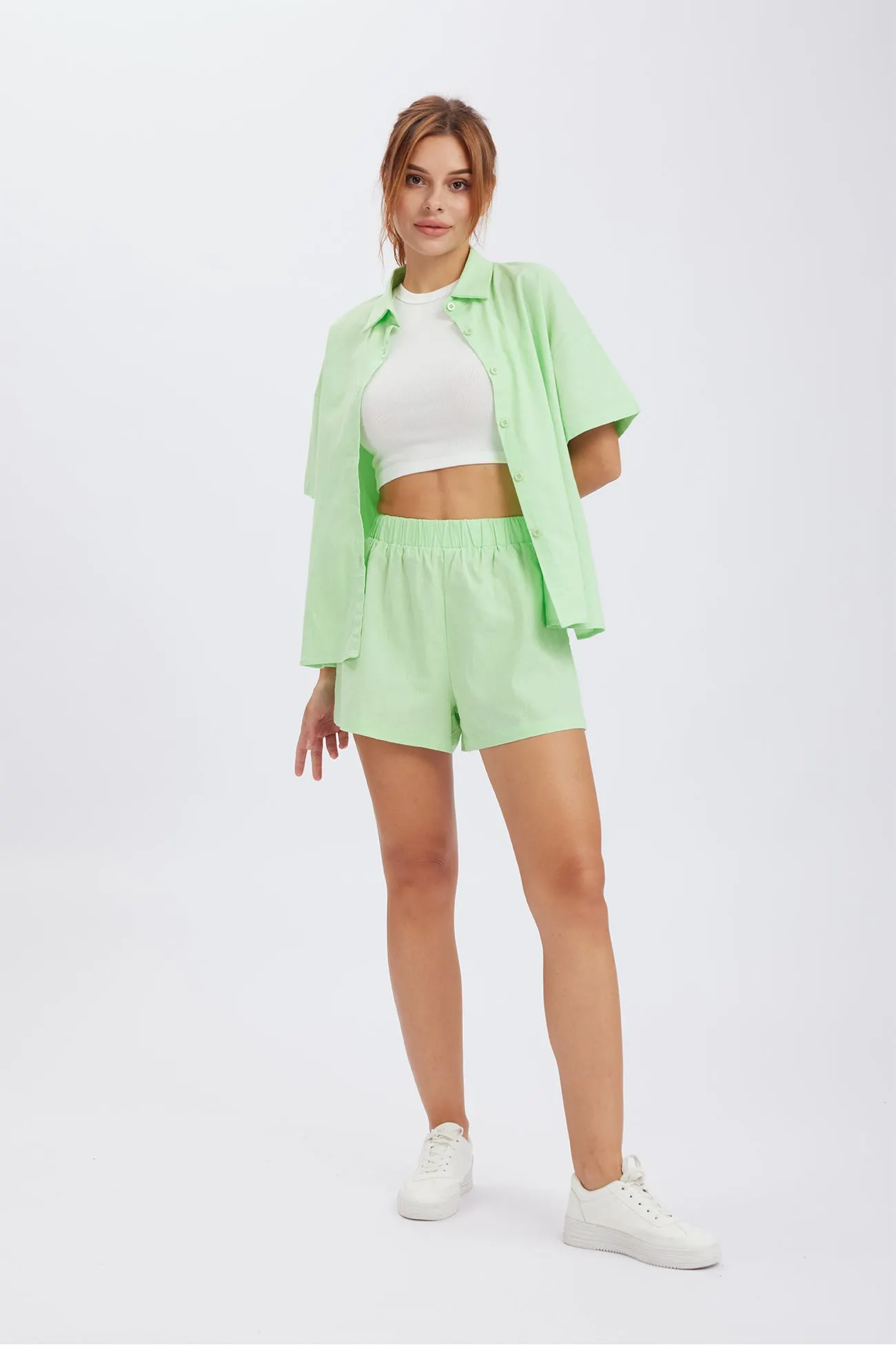 Maxct Solid Button Through Drop Shoulder Shirt Shorts Set