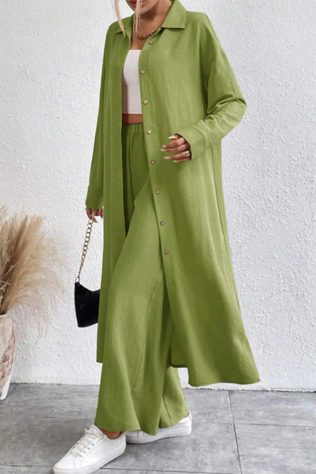 Maxct Solid Long Shirt Wide Leg Pants Set