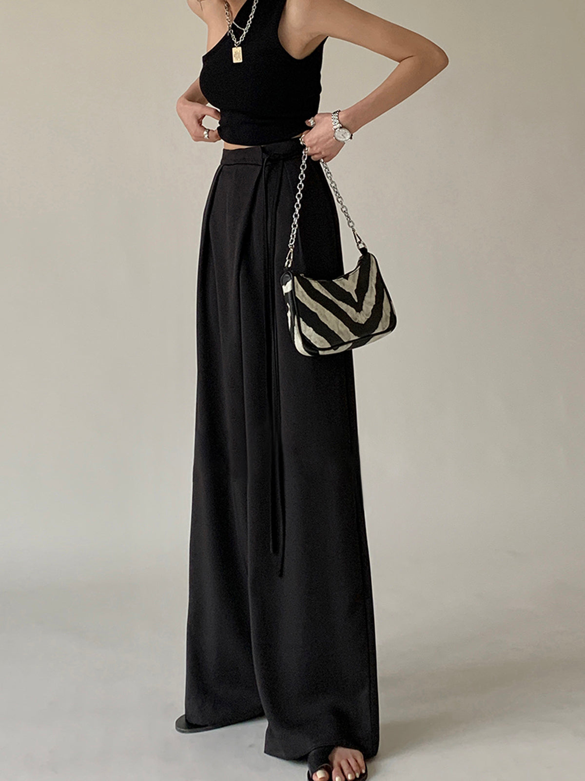 Maxct Tie Waist Flowy Wide Leg Dress Pants